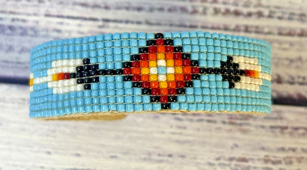 Navajo Hand Beaded Loom Cuff Bracelet Turquoise Arrow Fireburst